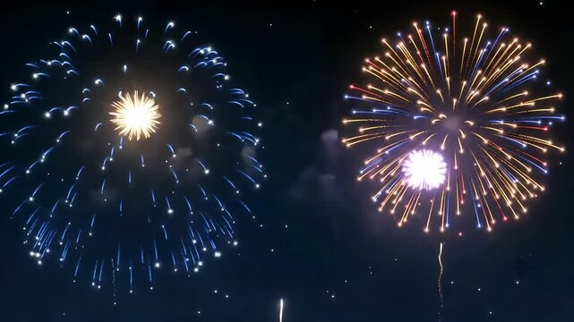 Golden and red fireworks exploding in the night sky animated video background loop for festive celebrations
