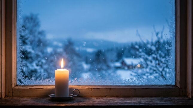 Warm and cozy candle burning on a frosted window sill during a cold winter evening with snow outside