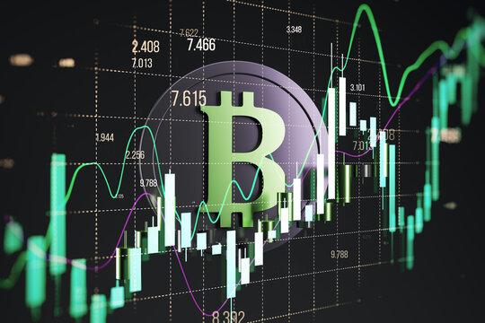 Bitcoin cryptocurrency symbol with rising market charts and digital finance data, modern technology investment concept graphic. 3D Rendering