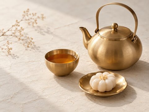 Elegante juego de t&eacute; coreano de lat&oacute;n con postre tradicional sobre papel hanji