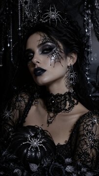 Woman posing with jeweled black pumpkin in gothic Halloween portrait. Gothic horror glam style and dark fantasy fashion. Halloween costume, makeup and seasonal celebration.