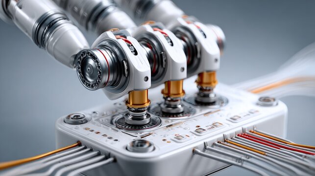 Futuristic Robotic Arm Mechanism: A close-up, high-tech view of a complex robotic arm with three articulated joints, showcasing intricate mechanical engineering and wiring.
