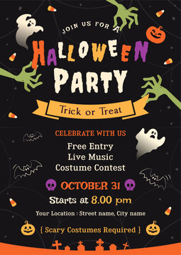 Halloween Party invitation poster vector design. Zombie hands with halloween elements