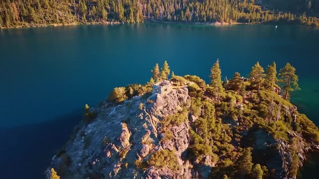 Fannette Island summit and teahouse above Emerald Bay. Stone ruins stand on a gray ridge among trees and shrubs, with blue water and forest behind.