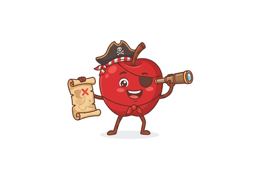 Cartoon apple character dressed as a pirate with a telescope and map