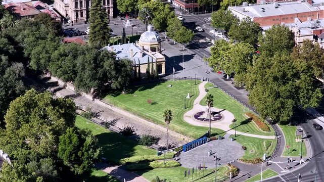 City park at historic architecture buildings of Bendigo city in Australia, Victoria &ndash; aerial.