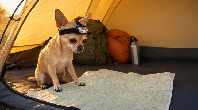 Funny Chihuahua camping in a tent wearing a headlamp, looking at a map at sunset, humorous outdoor glamping adventure concept, cute pet commercial stock photo with copy space