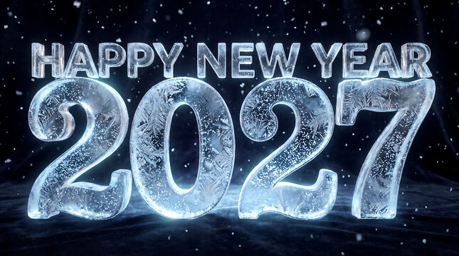 Frozen ice 2027 happy new year typography text, winter holiday icy number typography, cold frost season celebration banner background