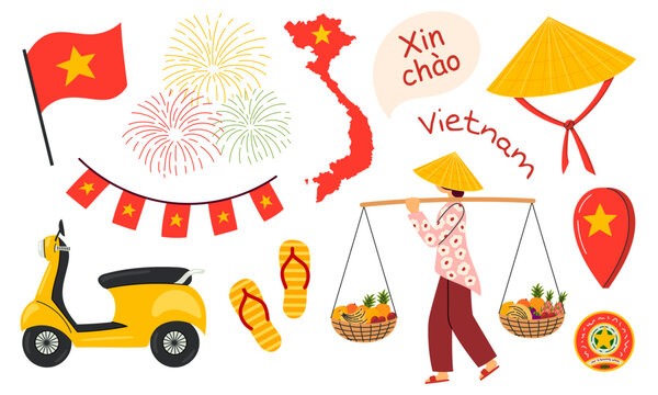 Vietnam themed icon set with flag, fireworks, map, conical hat and street market vendor. Flat vector illustration