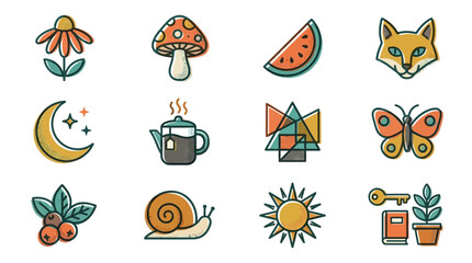 Fototapeta premium Corporate Flat Set of Diverse Icons with Earthy Tones Fox Mushroom Watermelon Moon Tea Pot Geometric Shapes Butterfly Plant Snail Sun Key with Plant