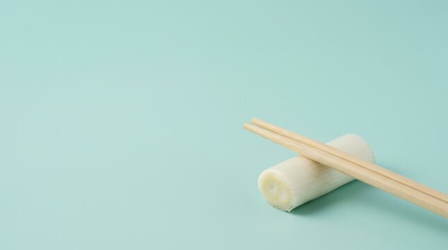 ミントグリーン背景の長ねぎと木製箸