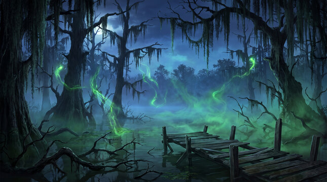 Mystical glowing swamp forest at night with eerie green light effects