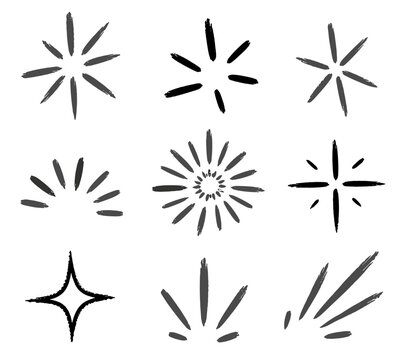 Gray and black hand drawn starbursts and sparkles