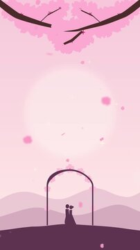 Pixel art animation loop of couple under cherry blossom tree at sunset with falling petals.