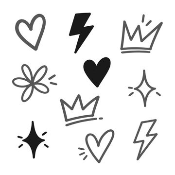 Black and gray doodle hearts crowns lightning and sparkles
