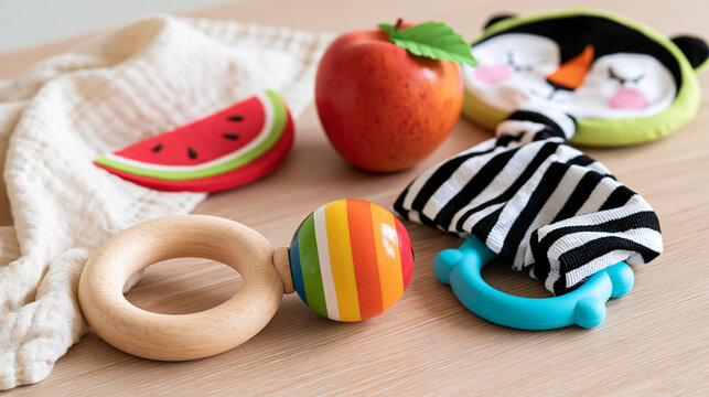 Assortment of newborn baby sensory toys including a wooden rattle, fruit teether and high-contrast crinkle toy displayed on a bright wooden table, with copy space