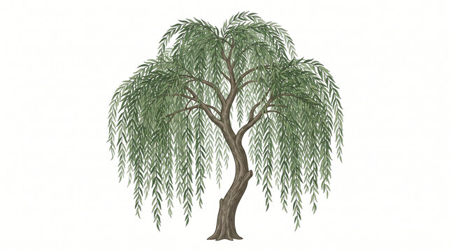 A detailed weeping willow tree with drooping green leaves isolated against a solid white background.