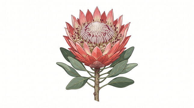 A blooming pink king protea flower with green leaves isolated against a solid white background.