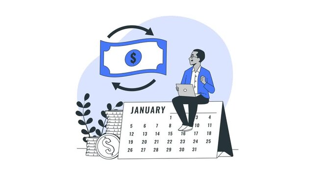 Man with Laptop on Calendar Illustration. Refund and scheduling concept for ecommerce and retail visuals