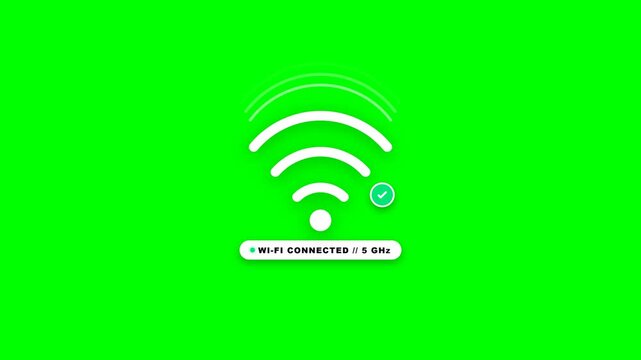 Animated wifi connection status icon showing loading progress and successful network signal strength on green screen video footage