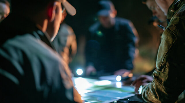 Faceless officers standing in a circle around a map table, illuminated by flashlight beams during a nighttime field briefing, with copy space