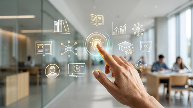 Hand Touching Futuristic E-Learning Virtual Interface Screen For Online Education and Training