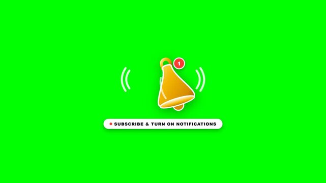 Animated notification bell with subscribe button and sound waves on green screen background video motion clip
