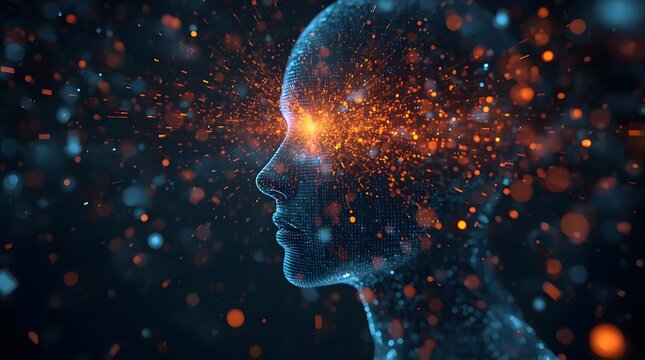 Abstract digital human head profile with exploding glowing particles and binary code representing artificial intelligence and data processing concept