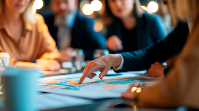 Faceless urban planners reviewing a city zoning map spread across a conference table, with copy space