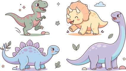 Cute Dinosaur Cartoon Character Mascot Set Featuring Kawaii Tyrannosaurus Triceratops Stegosaurus and Brachiosaurus for Kids Nursery Stickers and Pre-School Educational Graphics © Mohammad