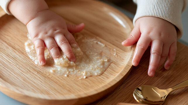 Faceless baby's hand squishing porridge on a wooden tray, playful sensory feeding exploration concept, with copy space