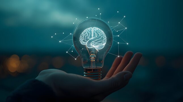 Human hand holding a glowing light bulb with a digital brain icon, representing artificial intelligence, innovation, and creative thinking concept.