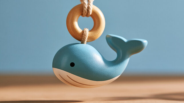 Charming blue whale-shaped baby rattle toy featuring a wooden ring suspended by a rope, playful infant accessory, with copy space