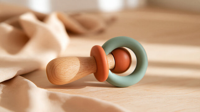 Minimalist wooden baby rattle featuring a silicone grip, eco-friendly infant sensory toy in sage green and terracotta tones, modern nursery design, with copy space