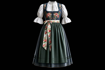 Obraz premium Traditional Bavarian dirndl dress with floral embroidery and apron on black background