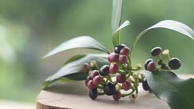 Ardisia polycephala branch fruits and green leaves on natural background.