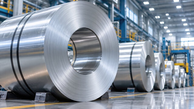 Large Aluminum Coils Stored in Modern Metal Processing Plant
