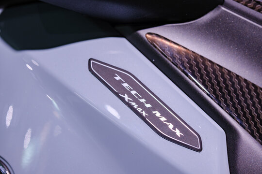Tech Max badge on the white bodywork of a Yamaha XMAX Tech Max