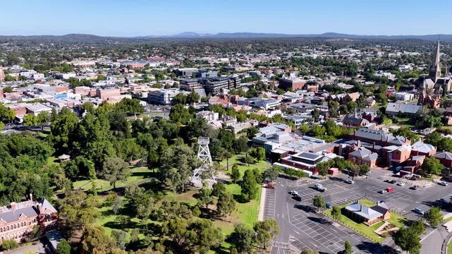 Bendigo Rosalind park in city centre downtown aerial panorama sunny day.