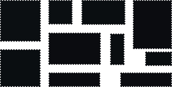Postage stamp frame vector set, perforated blank label collection, black silhouette stamp mockups for mail design