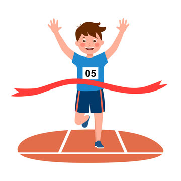 Little boy win running race crossing the finish line at running track