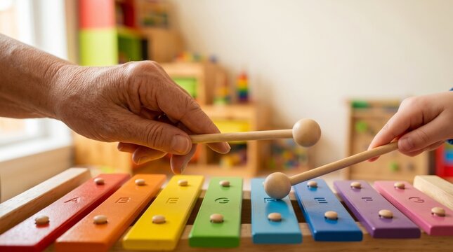 Adult and child hands playing colorful wooden xylophone for music education indoors.