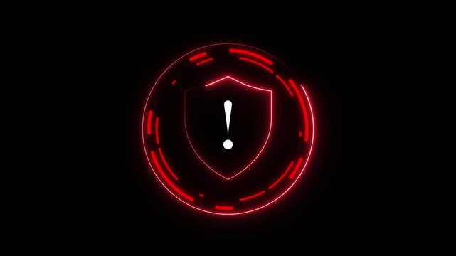 Security shield animation displays an exclamation inside HUD rings. Critical data privacy hazard alerts trigger on security shield animation. Threats monitor on the shield.