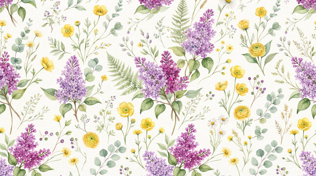 Seamless floral pattern with watercolor lilacs and yellow flowers.