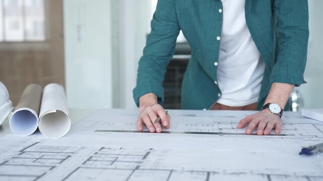 Architect designing building plan using ruler and pen, working on blueprints for construction and engineering project. Architecture and business concept