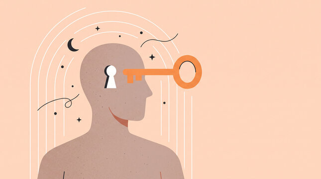 Therapy, psychotherapy, psychology concept. Open mind. Human head with a keyhole and key. Philosophy metaphor, personality. Abstract modern illustration about mental health. Isolated vector design