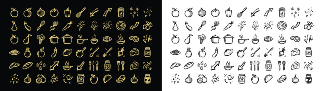 Handdrawn food and kitchen icon set in gold and black