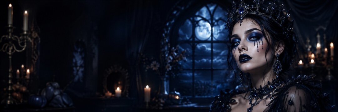 Gothic queen wearing jeweled crown and dark makeup in candlelit gothic interior. Halloween horror glam portrait. Dark fantasy fashion and theatrical beauty styling concept.