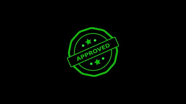 Approved stamp animation displays circular verification stars on dark. Official quality compliance authorization clears on approved stamp. Completion confirms on the stamp.