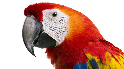 Scarlet macaw parrot head profile with vibrant red yellow and blue feathers, isolated on transparent background © pnghub